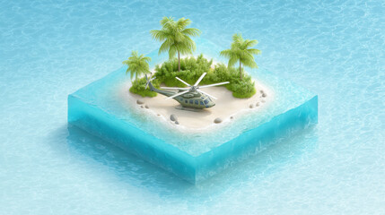 3D isometric illustration of tropical island featuring helicopter surrounded by palm trees and clear blue water creates serene escape
