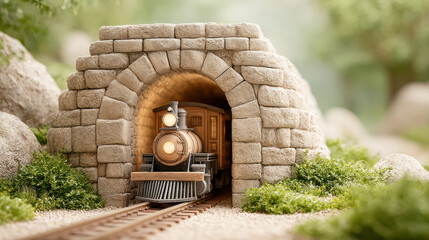 Charming 3D isometric scene features vintage steam locomotive emerging from stone tunnel surrounded by lush greenery and rocks