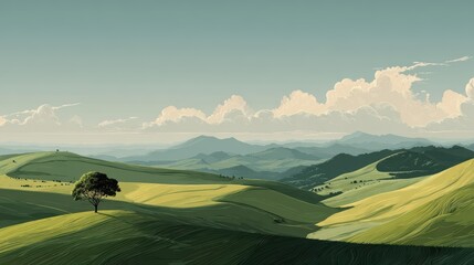 Serene Rolling Hills Under Cloudy Sky in Nature Landscape