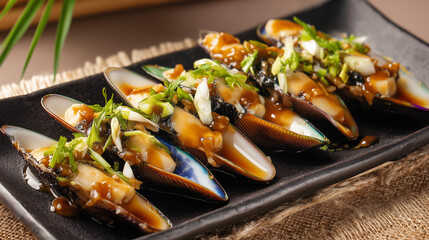 Steamed Mussels with Savory Asian Sauce and Fresh Garnishes on Black Rectangular Plate
