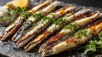 Grilled Razor Clams with Melted Cheese and Fresh Herbs on Slate Plate with Lemon and Garnish
