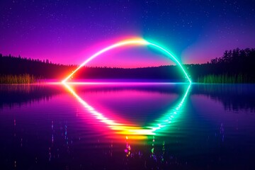 Vivid neon shooting star arches over a calm lake at twilight illuminating the night sky