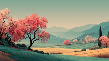 Serene Spring Landscape with Pink Trees and Rolling Hills at Dusk
