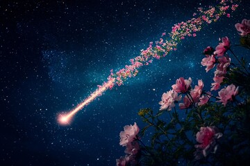 Shooting star creates a trail of blooming flowers in the night sky filled with stars