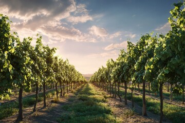 Fototapeta premium Rows of green grapevines growing in a sunlit vineyard
