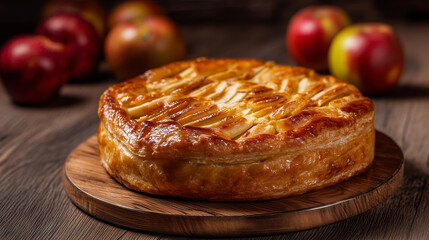 Whole Homemade Apple Pie with Golden Crust on Wooden Board Surrounded by Fresh Red Apples
