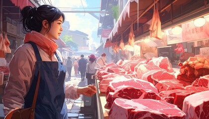 Raw beef steaks with marbled fat and garnishes on butcher counter—evoking richness, selection, and the primal choreography of texture, appetite, and culinary precision.