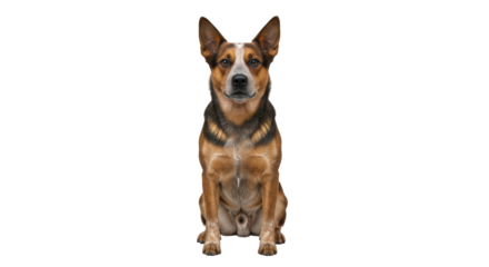Isolated attentive Australian cattle dog sitting looking at camera in a studio shot