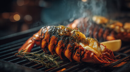 Grilled Lobster Tail with Herbs and Melted Butter on Barbecue Grill with Steam Rising in Warm Lighting
