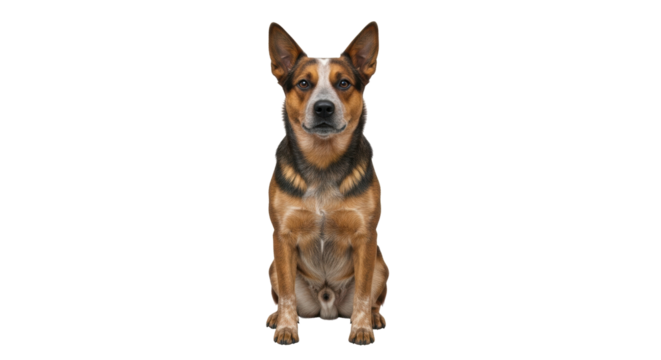 Isolated attentive Australian cattle dog sitting looking at camera in a studio shot