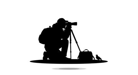 Dedicated photographer capturing wildlife with camera on tripod, seeking perfect shot