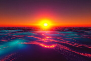 Sunset over a glowing sea creates a vibrant reflection of colors at the horizon