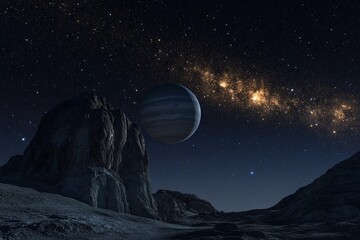 Enormous planets loom over a serene night sky filled with stars