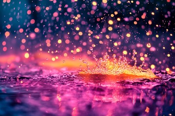 Raindrops creating splashes in vibrant pink puddles under soft lighting