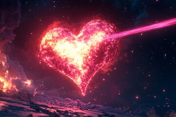 Giant heart-shaped shooting star glowing brightly across the night sky