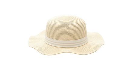 Isolated fashionable straw hat with white ribbon band, for summer holidays, sun protection