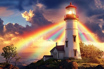 Fairy-tale lighthouse shines bright with vibrant rainbow rays at sunrise over tranquil ocean