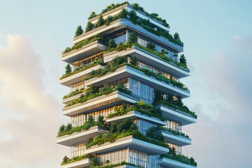 Symmetrical skyscraper features layered terraces adorned with lush greenery in an urban environment