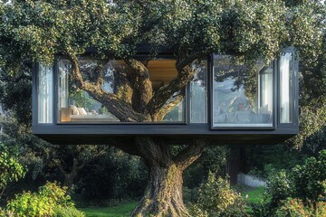 Unique treehouse features transparent walls for a seamless blend with nature