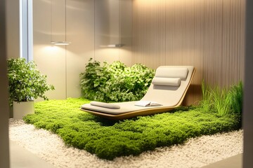 Modern office space designed for productivity with green area for relaxation and collaboration