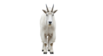 Isolated full view of a mountain goat with dark hooves and horns against clear backdrop