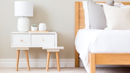 A corner of a modern minimalist bedroom featuring a bed and nightstand, bathed in soft natural ambient light.