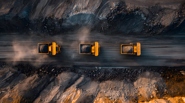 Coal mining from above, open pit mine, extractive industry for coal, top view