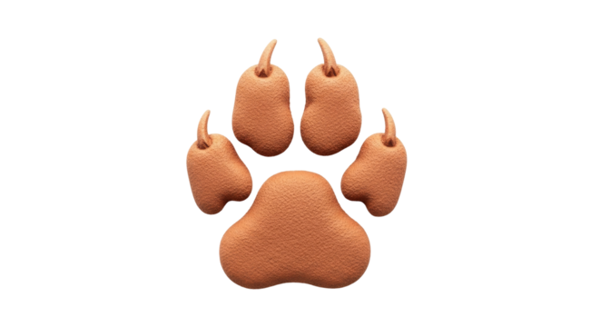 Isolated three-dimensional rendering of a tan paw print with a smooth texture and rounded shapes