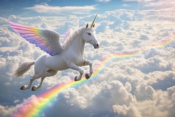 Winged unicorn gracefully soaring among vibrant clouds and rainbow in a magical sky