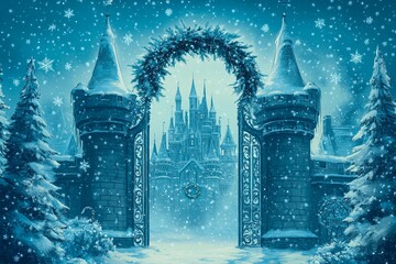 Wreath adorns the enchanted castle gate during a snowfall in a magical winter landscape
