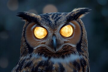 Owl with luminous eyes resembling two shining moons perched in the night