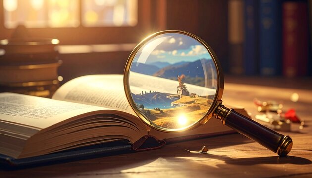 Open antique book with ornate magnifying glass, scroll, coins, and warm light—evoking inquiry, mystery, and the scholarly choreography of history, texture, and discovery.
