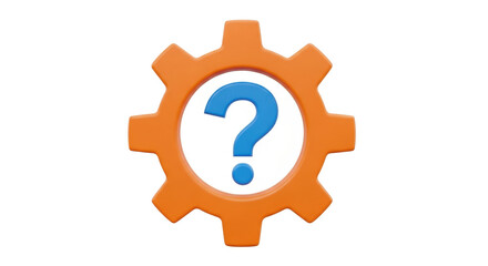 Isolated unknown cogwheel symbol, unsure problem-solving help concept, blue question mark