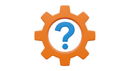 Isolated unknown cogwheel symbol, unsure problem-solving help concept, blue question mark