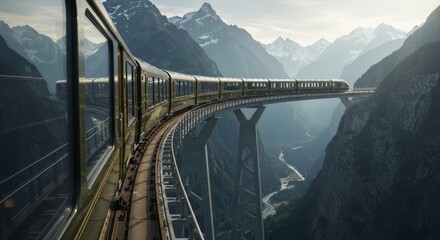 Obraz premium Train traversing elevated tracks across a bridge in a mountainous region with majestic peaks and a clear sky background