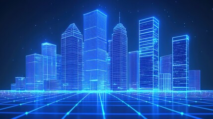 Blue Technological City Wireframe Landscape, Technology, Future, City, Digital