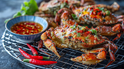 Grilled Spicy Crabs Served with Thai Chili Dipping Sauce on Metal Rack – Close-Up of Asian Seafood Dish with Herbs and Red Peppers
