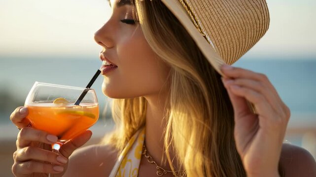 Woman in straw hat sips refreshing orange drink with straw by the ocean, enjoying sun on her face, in summer vacation footage.