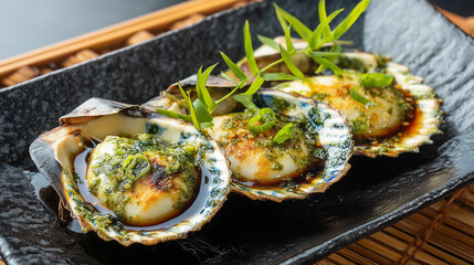 Grilled Scallops in Shell with Herb Butter and Soy Sauce Garnished with Green Onion – Gourmet Japanese Seafood Dish Close-Up
