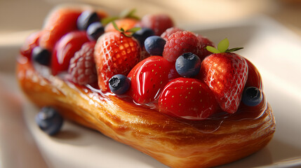 Glazed Puff Pastry Topped with Fresh Strawberries, Raspberries, and Blueberries – Gourmet Fruit Tart Dessert Close-Up
