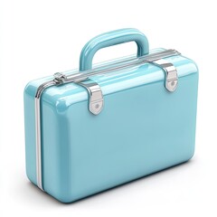 Light teal colored,  rectangular medical or tool case,  smooth glossy finish,  metal handles and clasps