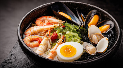 Gourmet Seafood Ramen Bowl with Shrimp, Mussels, Clams, Seaweed, and Soft-Boiled Egg – Asian Cuisine Close-Up on Black Background
