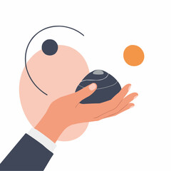 Hand holding a gray object with orange spheres in abstract style  