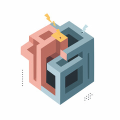 3D geometric cube design with abstract shapes and colors  