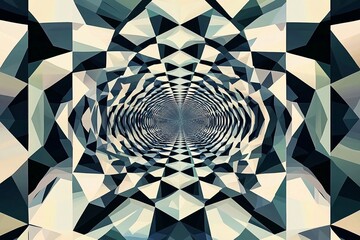 Layered symmetrical polygons create an intricate design featuring warm and cool tones