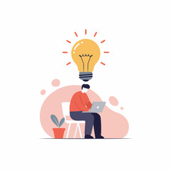 Man sitting with laptop and light bulb above in creative workspace  