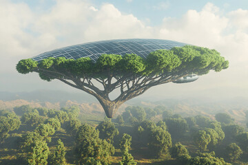 A solar-powered airship, shaped like a tree canoe, glides over a lush forest with integrated solar panels