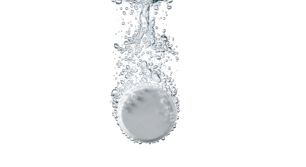 Isolated effervescent tablet dissolving in liquid with bubbles in transparent solution