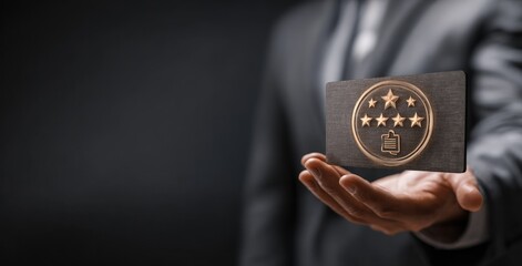 Hand holding a virtual golden-embossed card with stars