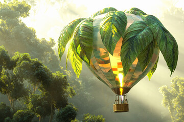 Hot air balloon glides through sky, propelled by giant leaves harnessing sunlight for energy